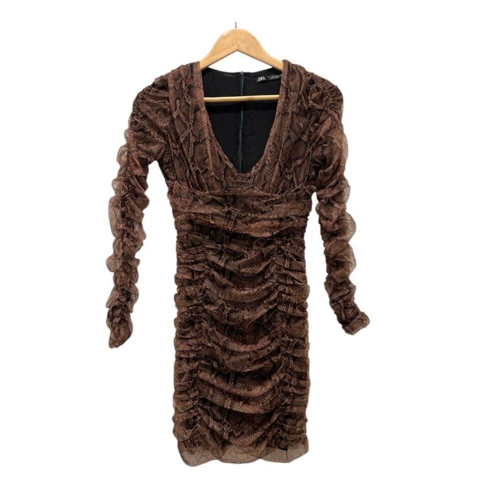 Zara Brown Snake Print Ruched Mesh Mini Dress Long Sleeve Bodycon Euro Siren S - Picture 6 of 14